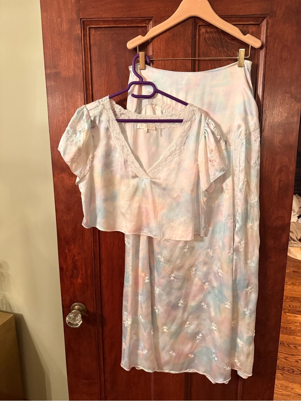 LoveShackFancy Pastel Tie-Dye Lace-Trim Two-Piece Set - Pink, Blue, Cream
